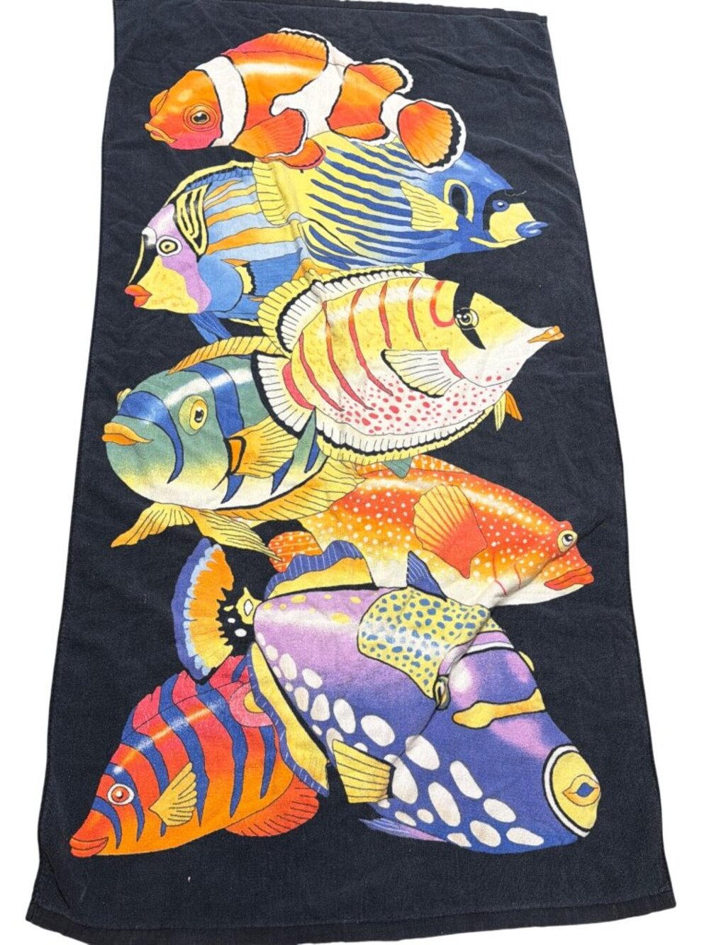 Vintage Terry Cloth Beach Towel Tropical Fish Black 56" x 30" Nemo Aquarium Soft